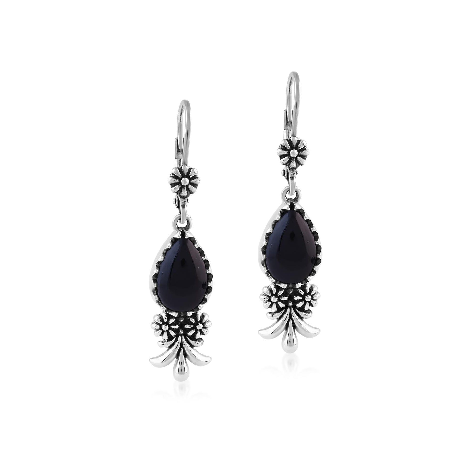  Sterling Silver Black Onyx Teardrop Concha Squash Blossom Dangle Earrings