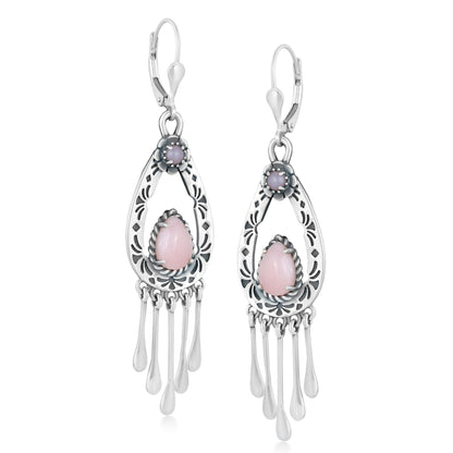 Sterling Silver Pink Opal Pear-Cut Lever Back Dangle Earrings