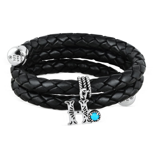 Sterling Silver Sleeping Beauty Turquoise Black Leather Initial "H" Coil Bracelet