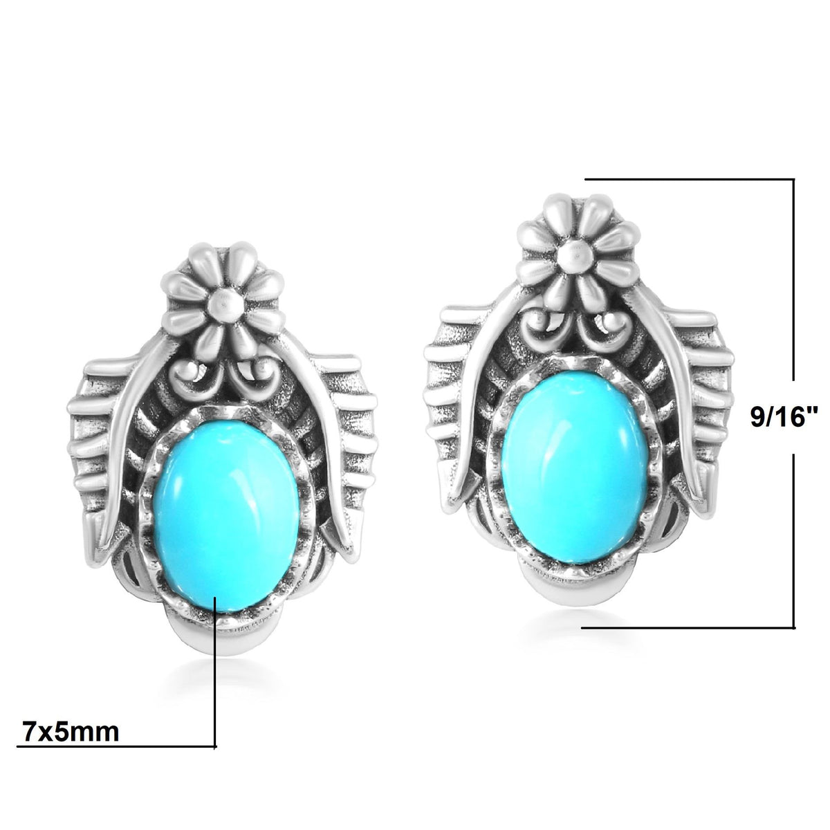 Sterling Silver Sleeping Beauty Turquoise Oval Concha and Leaf Stud Earrings