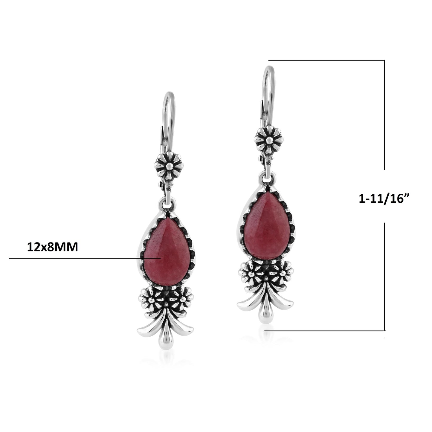  Sterling Silver Rhodonite Teardrop Concha Squash Blossom Dangle Earrings
