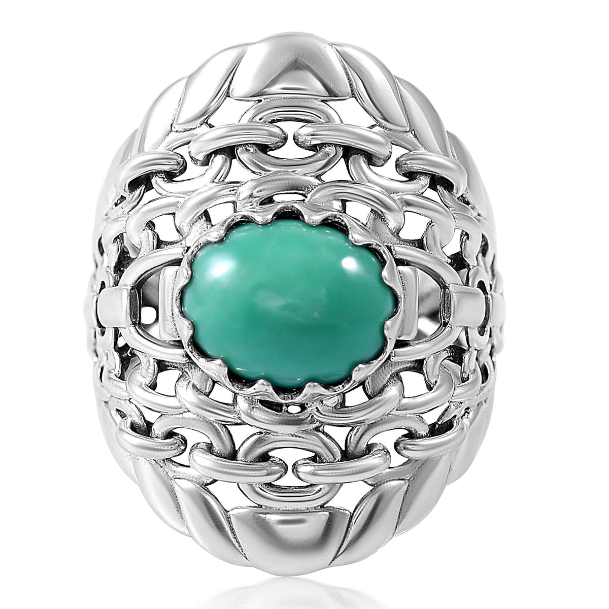 Sterling Silver Green Turquoise Stirrup Chain Ring, Sizes 5 to 11
