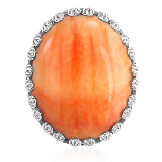 Sterling Silver Orange Spiny Oyster Concha Flower Border Oval Cut Ring, Sizes 5 to 10