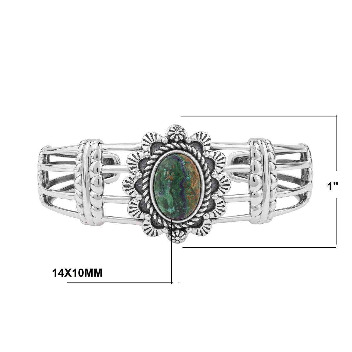 Sterling Silver Azurite Oval Scallop Open Cuff Bracelet, Sizes Small to Large