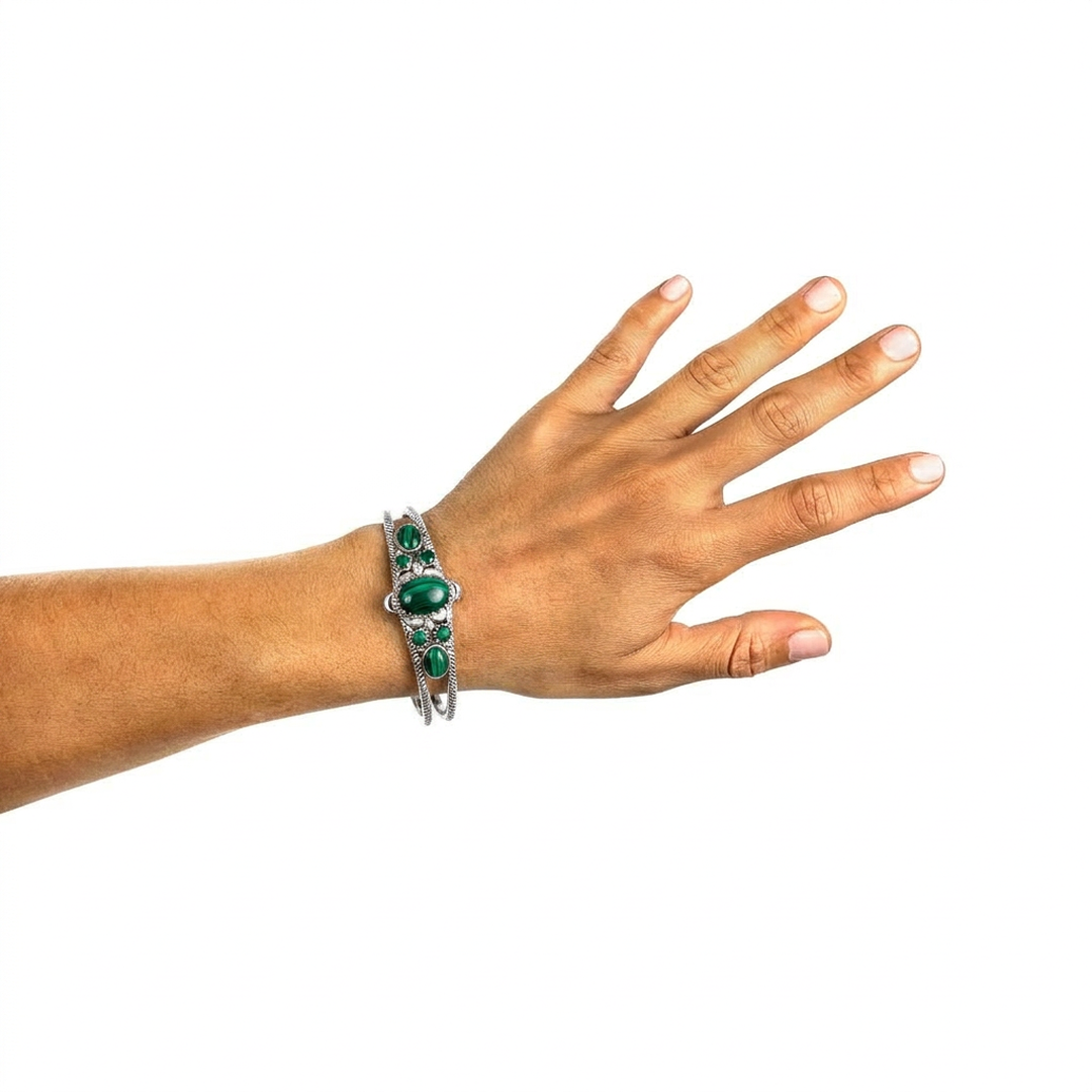  Sterling Silver Malachite Oval and Round Open Cuff Bracelet