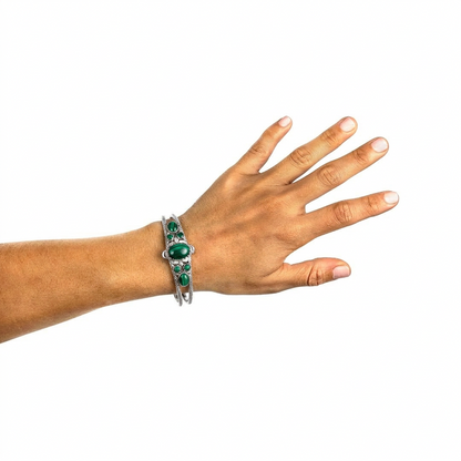  Sterling Silver Malachite Oval and Round Open Cuff Bracelet