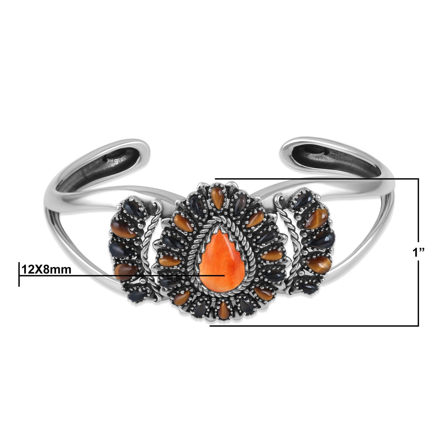 Sterling Silver Orange Spiny Oyster, Tiger's Eye, and Smoky Quartz Cluster Cuff Bracelet