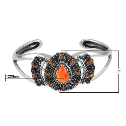 Sterling Silver Orange Spiny Oyster, Tiger's Eye, and Smoky Quartz Cluster Cuff Bracelet
