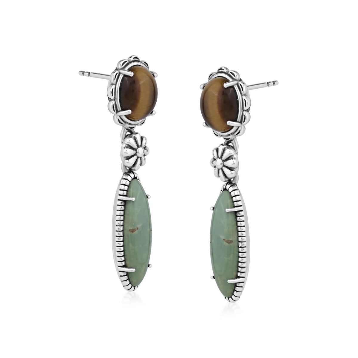 Sterling Silver Tiger's Eye Green Turquoise Oval Cabochon Dangle Earrings