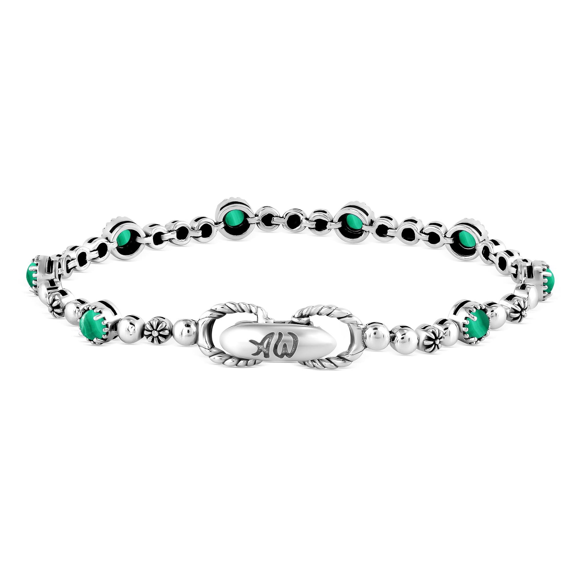 Sterling Silver Malachite Round Beaded Bracelet