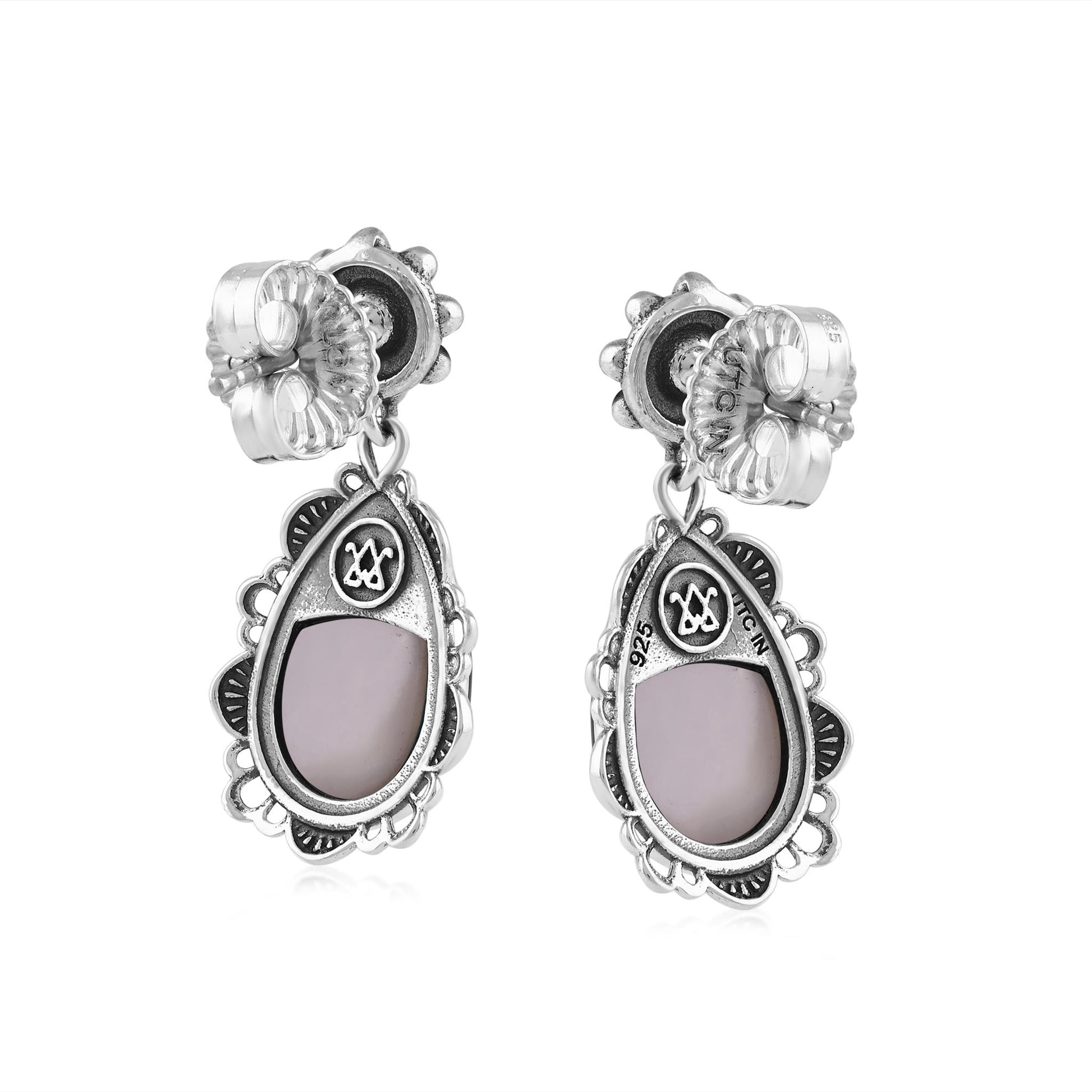  Sterling Silver White Mother of Pearl Pear-Cut Concha Dangle Earrings