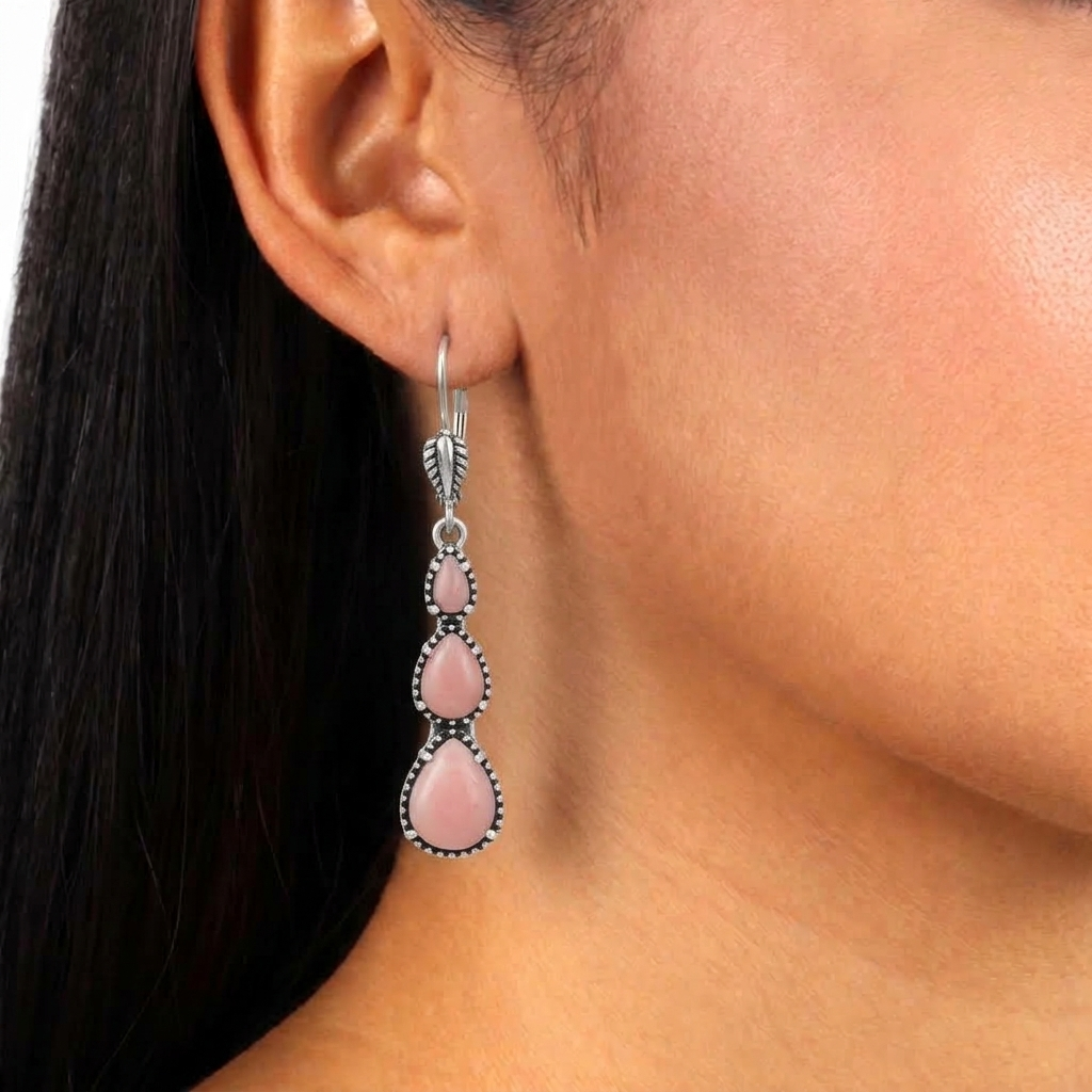 Sterling Silver Pink Concha Shell 3-Pear Drop Lever Back Earrings