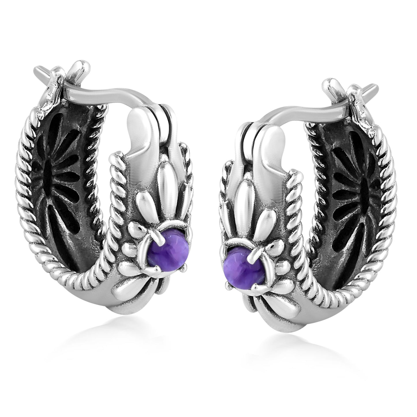 EXCLUSIVELY OURS! Sterling Silver Charoite Rope and Flower Design Hoop Earrings