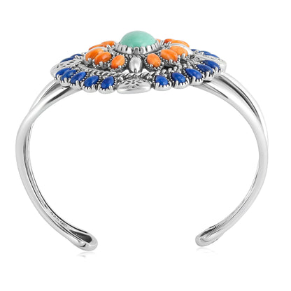 Sterling Silver Green Turquoise, Lapis and Orange Spiny Oyster Floral Cluster Cuff Bracelet