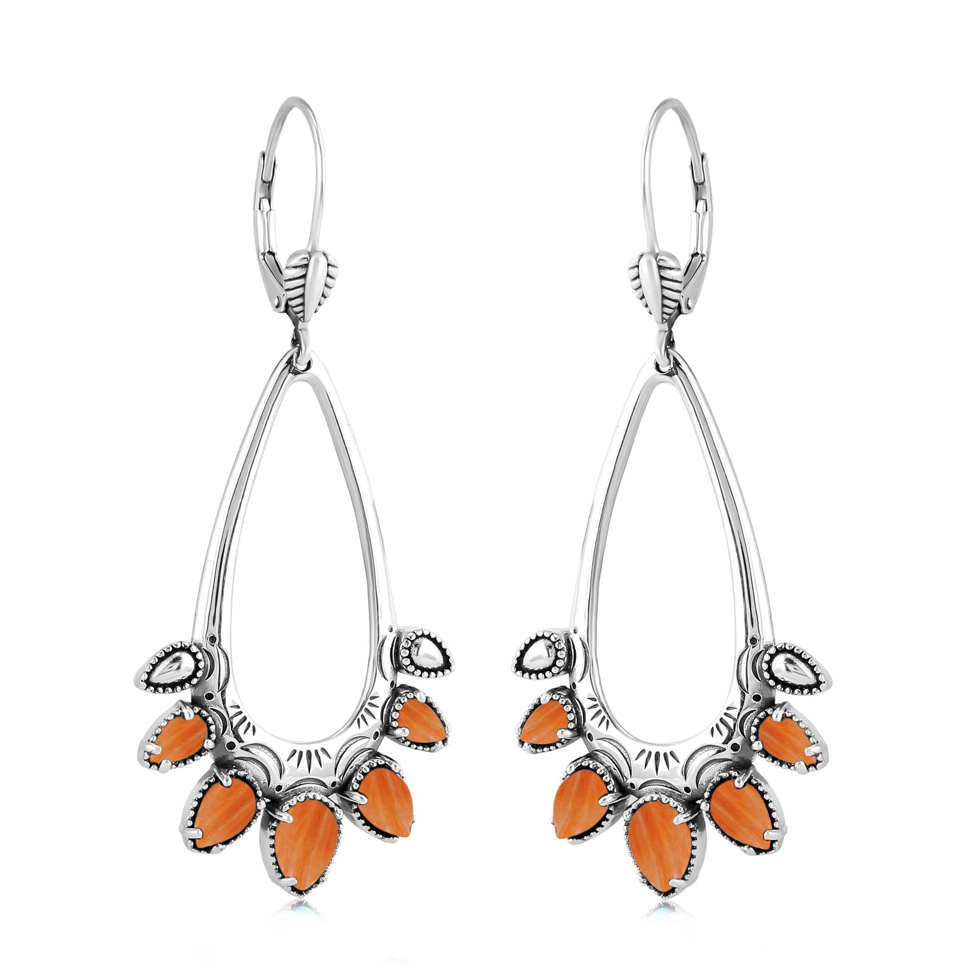 Sterling Silver Orange Spiny Oyster Open Pear Gemstone Lever Back Earrings
