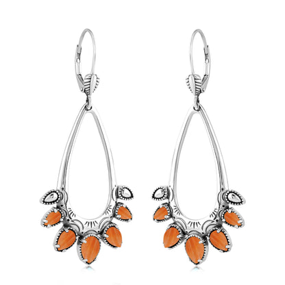 Sterling Silver Orange Spiny Oyster Open Pear Gemstone Lever Back Earrings