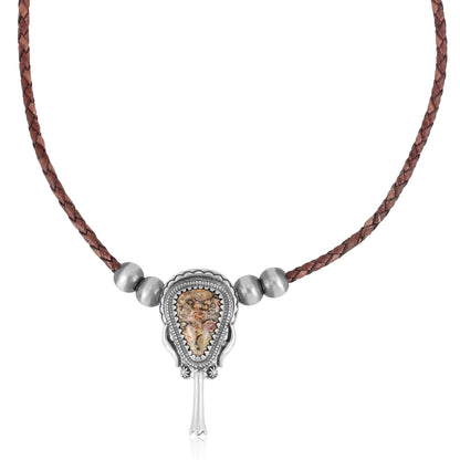 Sterling Silver Leopard Jasper Brown Leather Squash Blossom Necklace