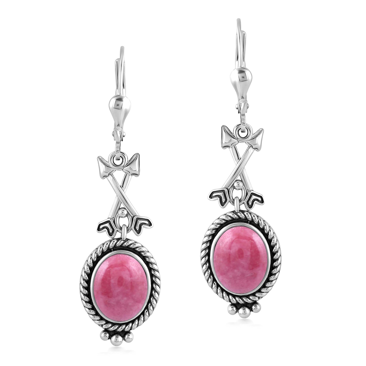 Sterling Silver Rhodonite Crossed Arrow Drop and Dangle Earrings