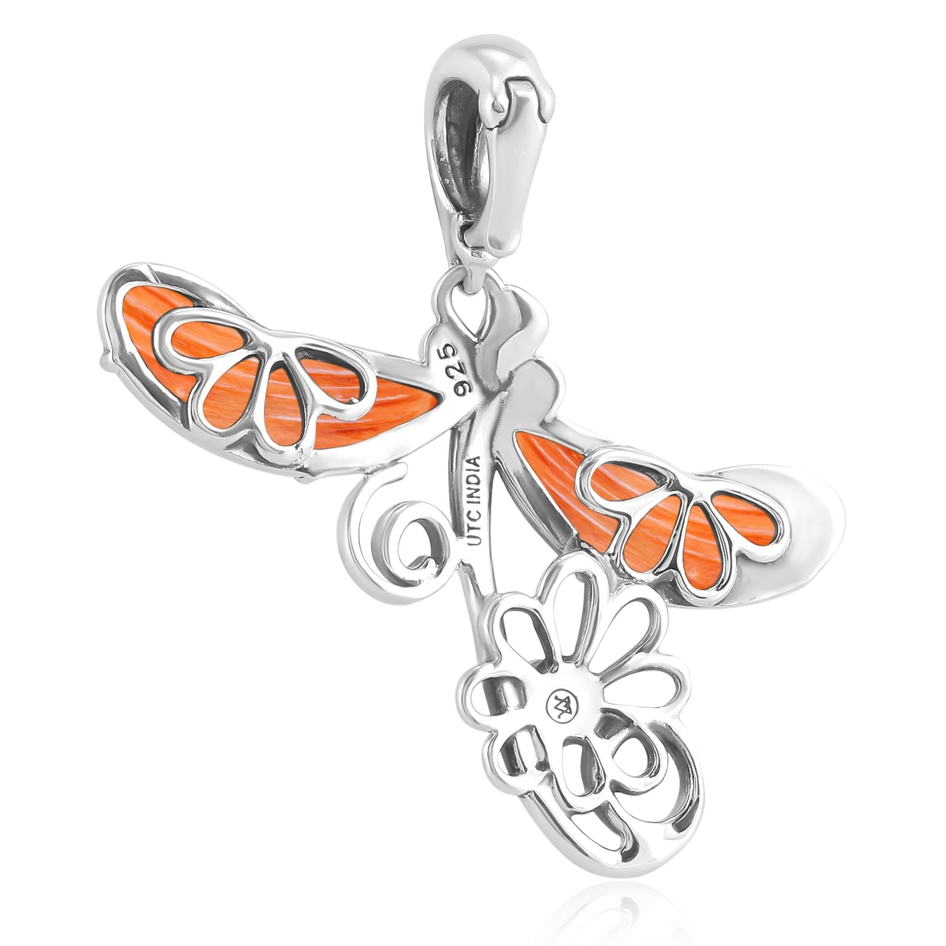 Sterling Silver Orange Spiny Oyster and Variscite Fritz Casuse Dragonfly Pendant Enhancer