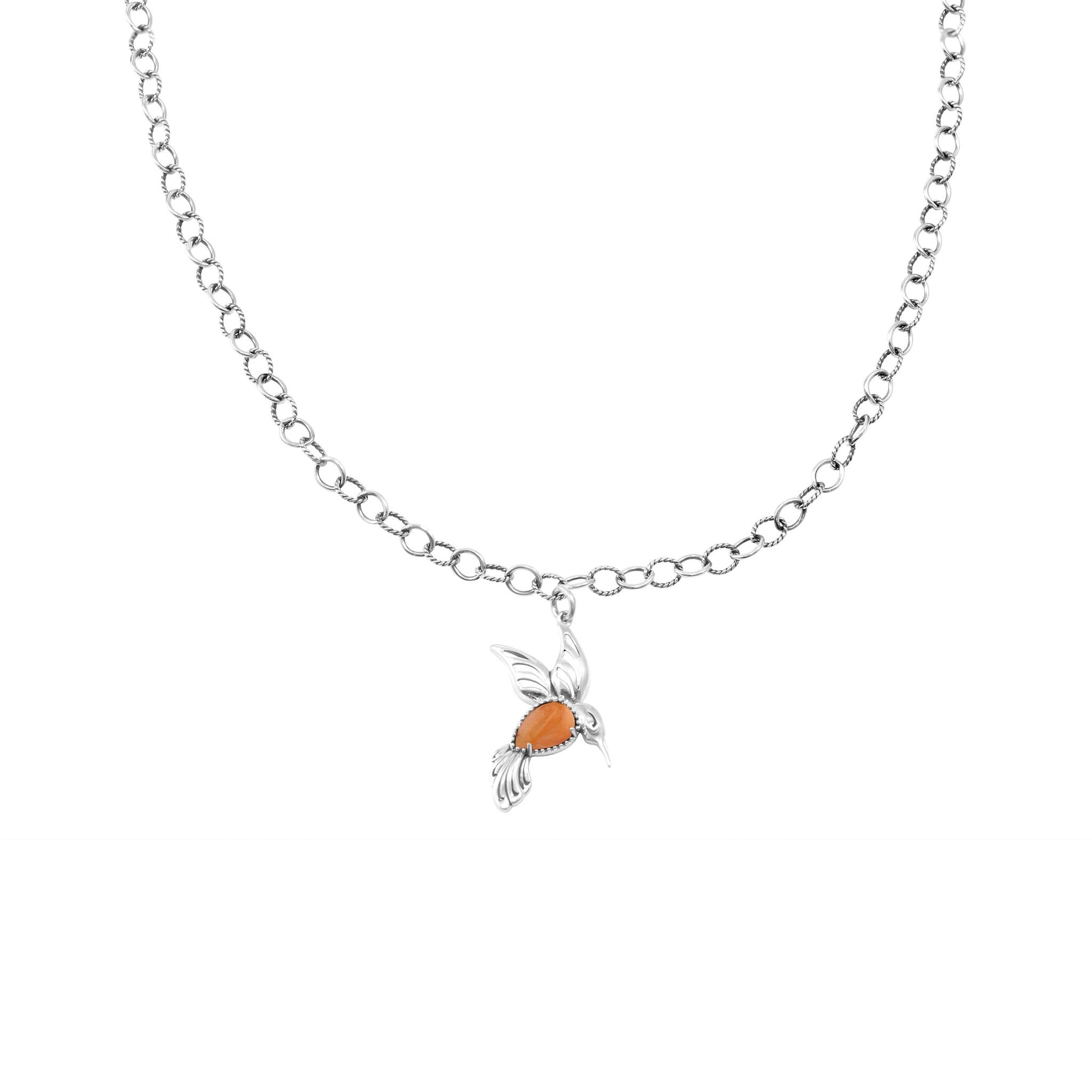 Sterling Silver Orange Spiny Oyster Hummingbird Necklace