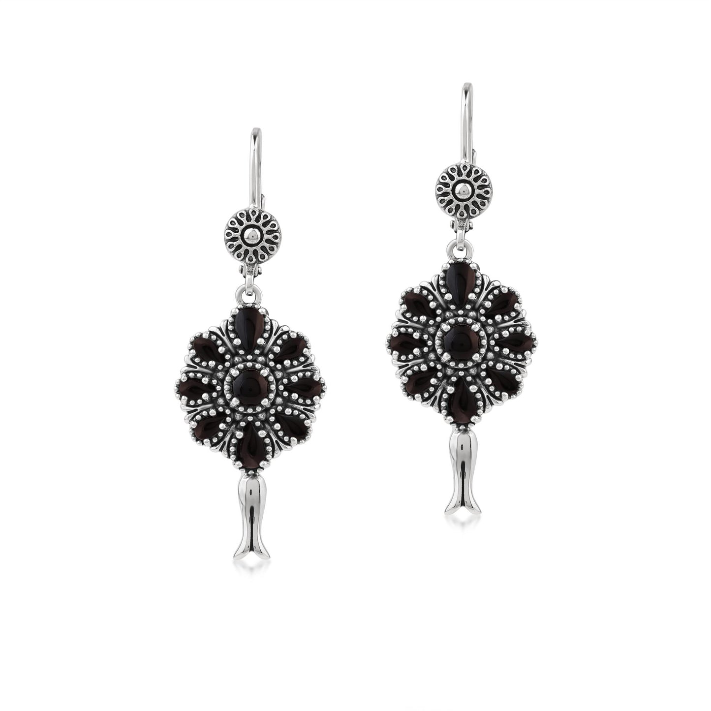  Sterling Silver Black Onyx Flower Cluster Squash Blossom Earrings