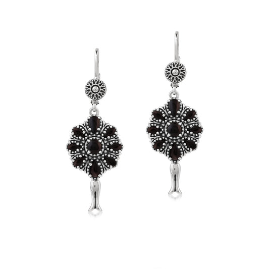  Sterling Silver Black Onyx Flower Cluster Squash Blossom Earrings
