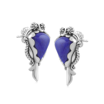 Sterling Silver Lapis Pear Gemstone Squash Blossom Earrings 