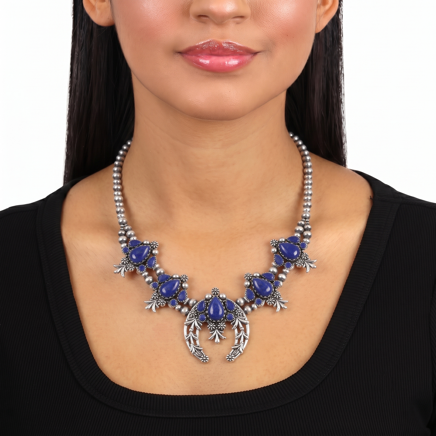 LIMITED EDITION! Sterling Silver Lapis Pear Cut Squash Blossom Naja Necklace, 17 to 20 Inches