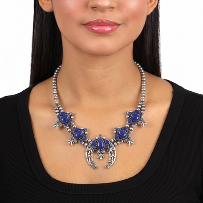 LIMITED EDITION! Sterling Silver Lapis Pear Cut Squash Blossom Naja Necklace, 17 to 20 Inches