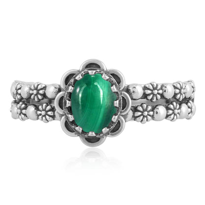 EXCLUSIVELY OURS! Sterling Silver Malachite Double Row Concha Flower Ring, Sizes 5 to 10