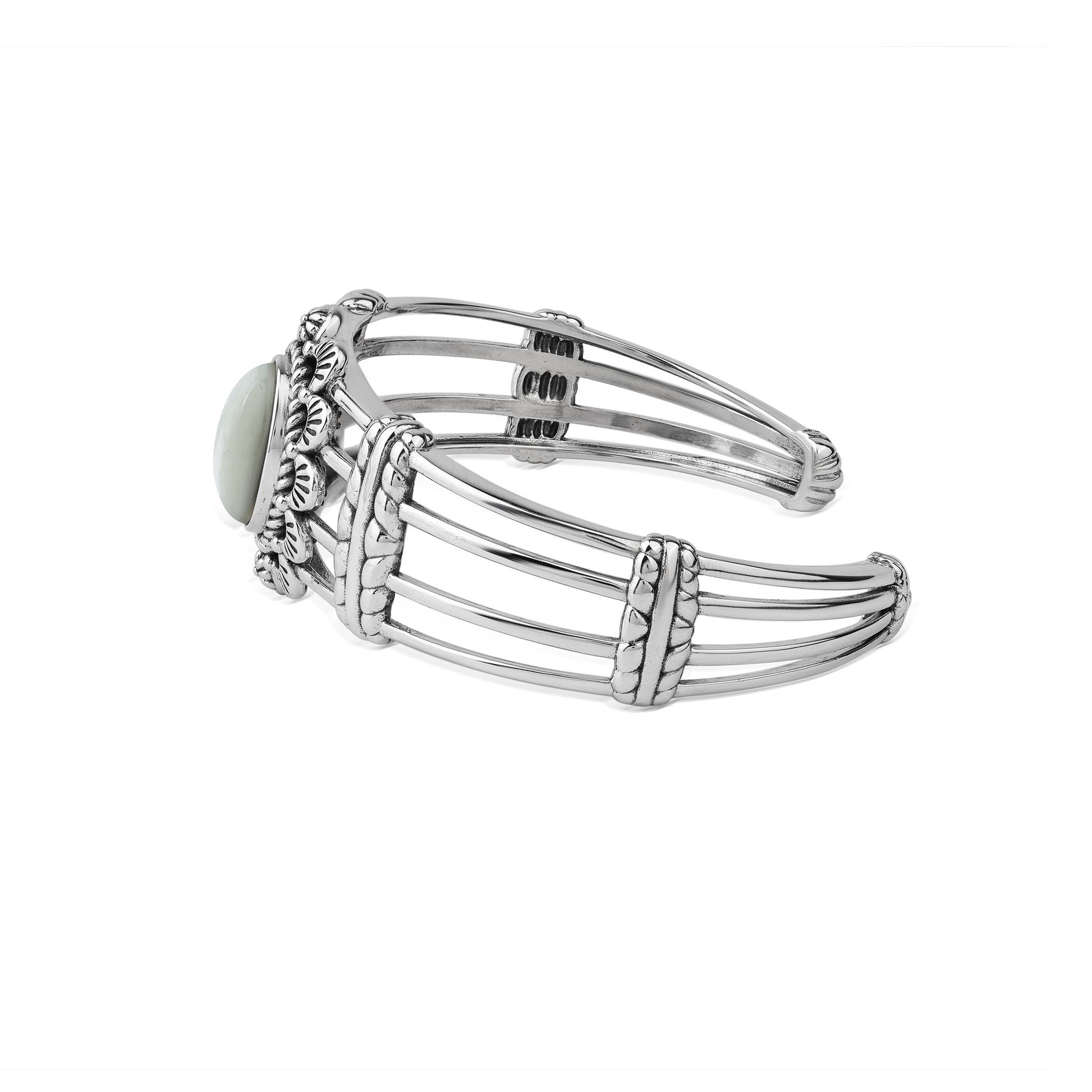  Sterling Silver White Mother of Pearl Oval Scallop Open Cuff Bracelet