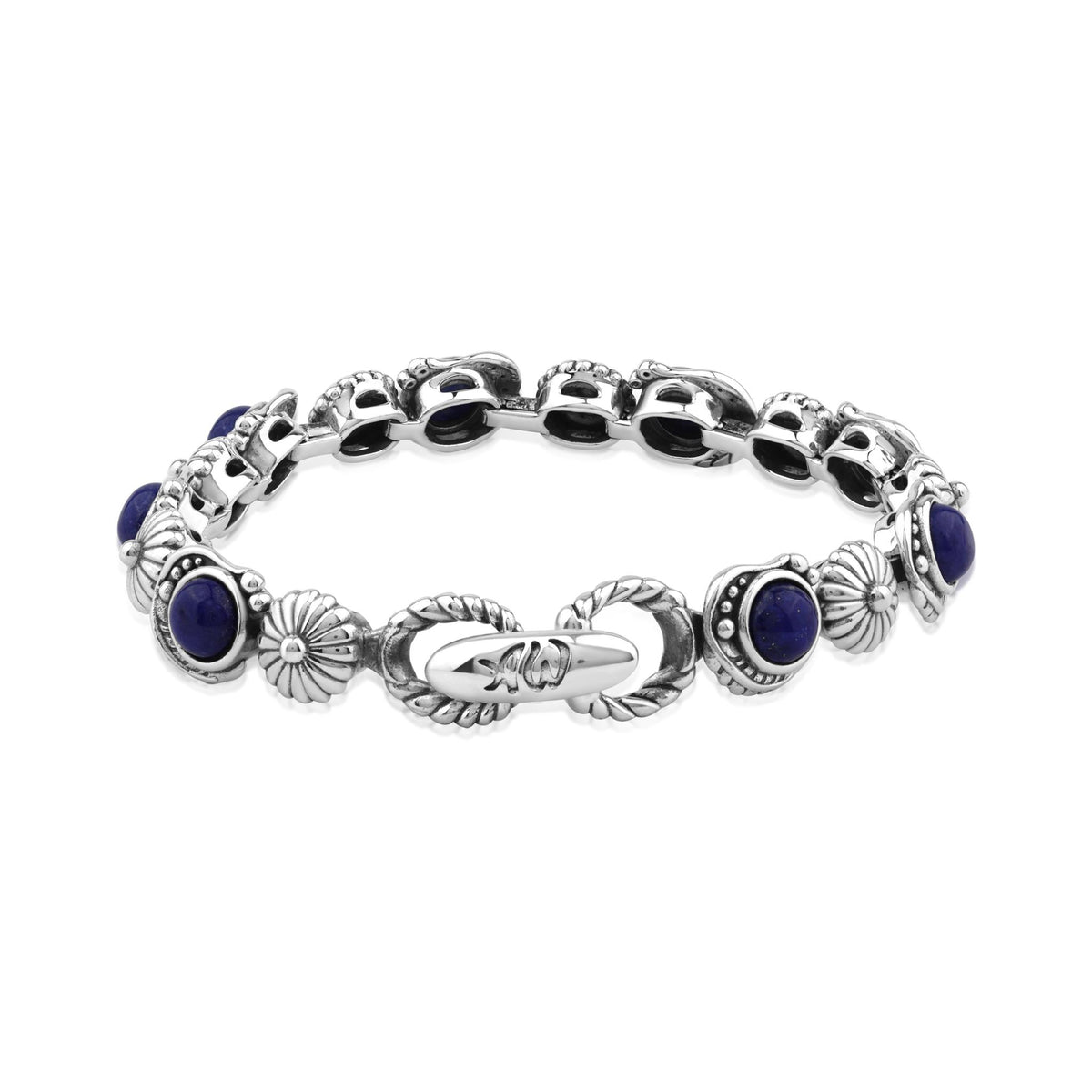Sterling Silver Lapis Leaf and Concha Gemstone Link Bracelet, Sizes Small to Large