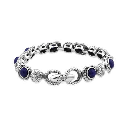 Sterling Silver Lapis Leaf and Concha Gemstone Link Bracelet, Sizes Small to Large