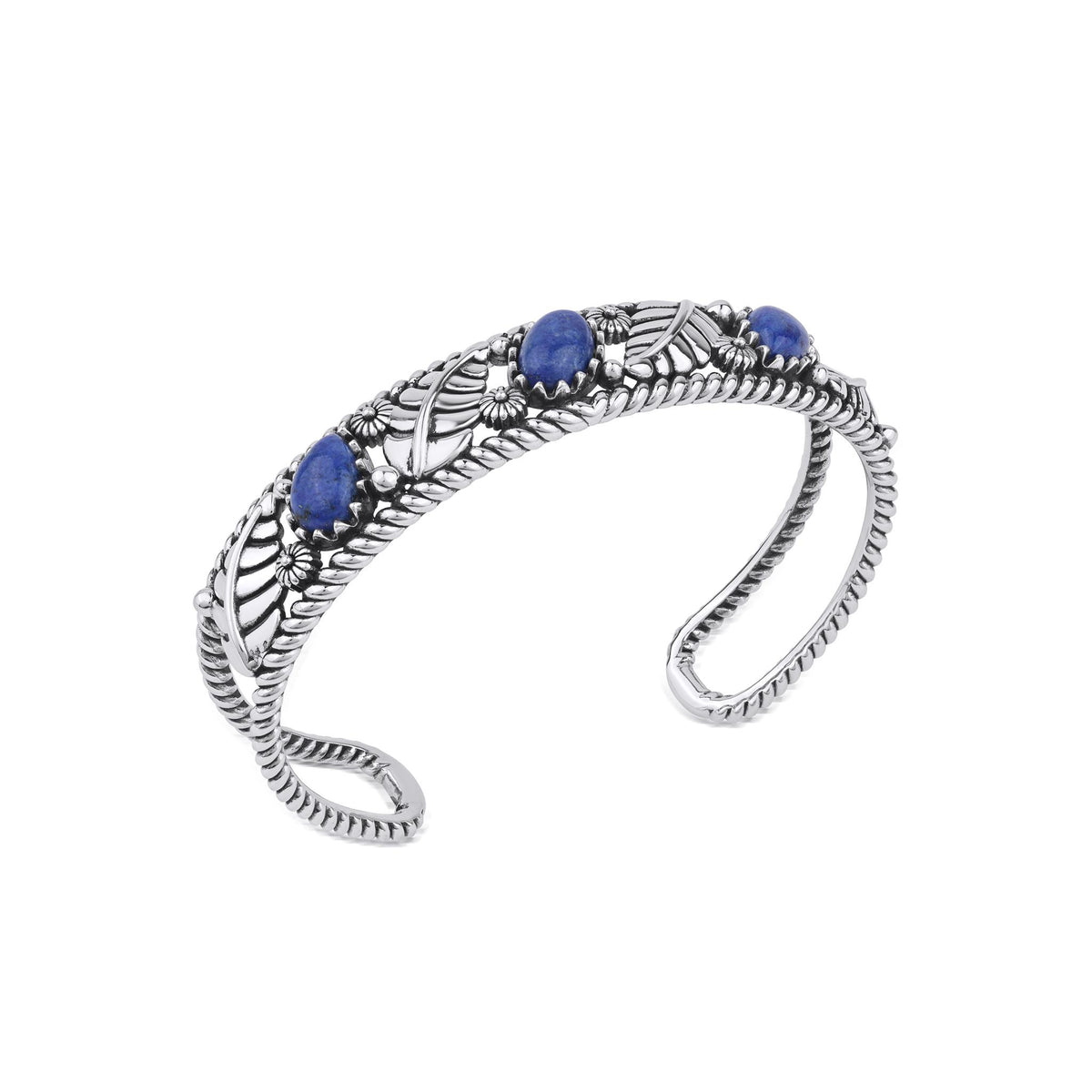 Sterling Silver Lapis Oval and Pear Leaf Cuff Bracelet, Sizes Small to Large