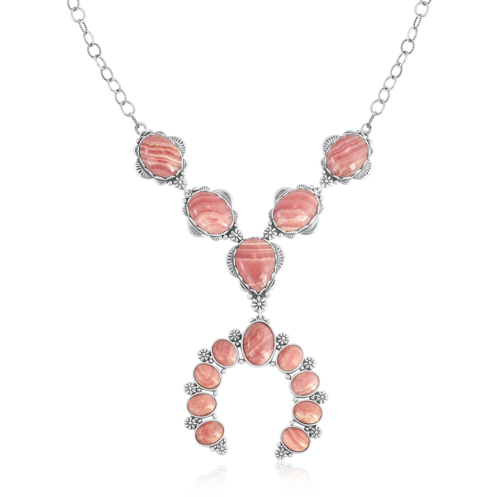 Sterling Silver Rhodochrosite V-Shaped Naja Necklace, 17 to 20 Inches