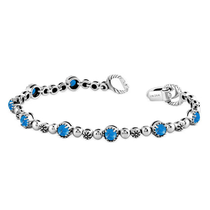 Sterling Silver Denim Lapis Round Beaded Bracelet