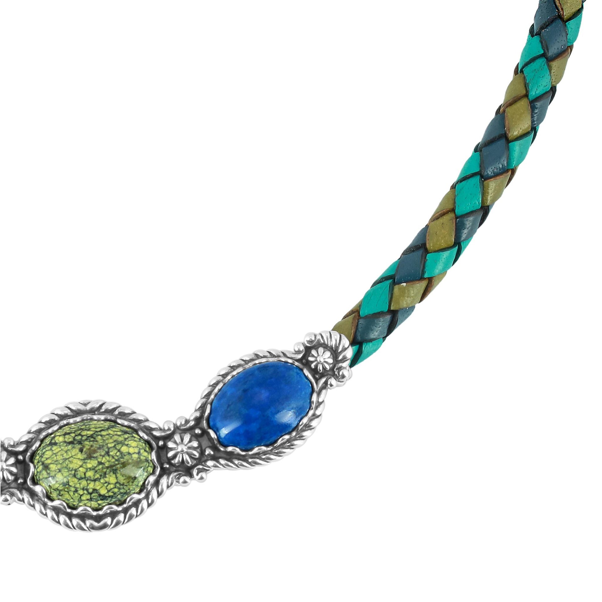 Sterling Silver Serpentine and Lapis Blue Tonal Braided Leather 3-Stone Necklace