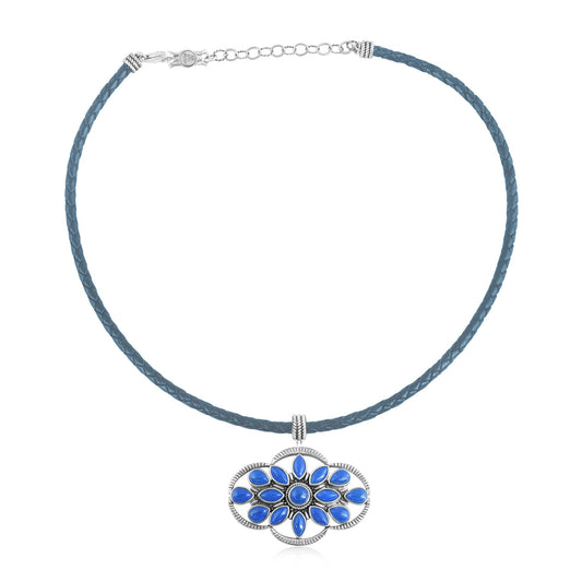 Sterling Silver Denim Lapis Blue Leather Cluster Necklace, 17 to 20 Inches