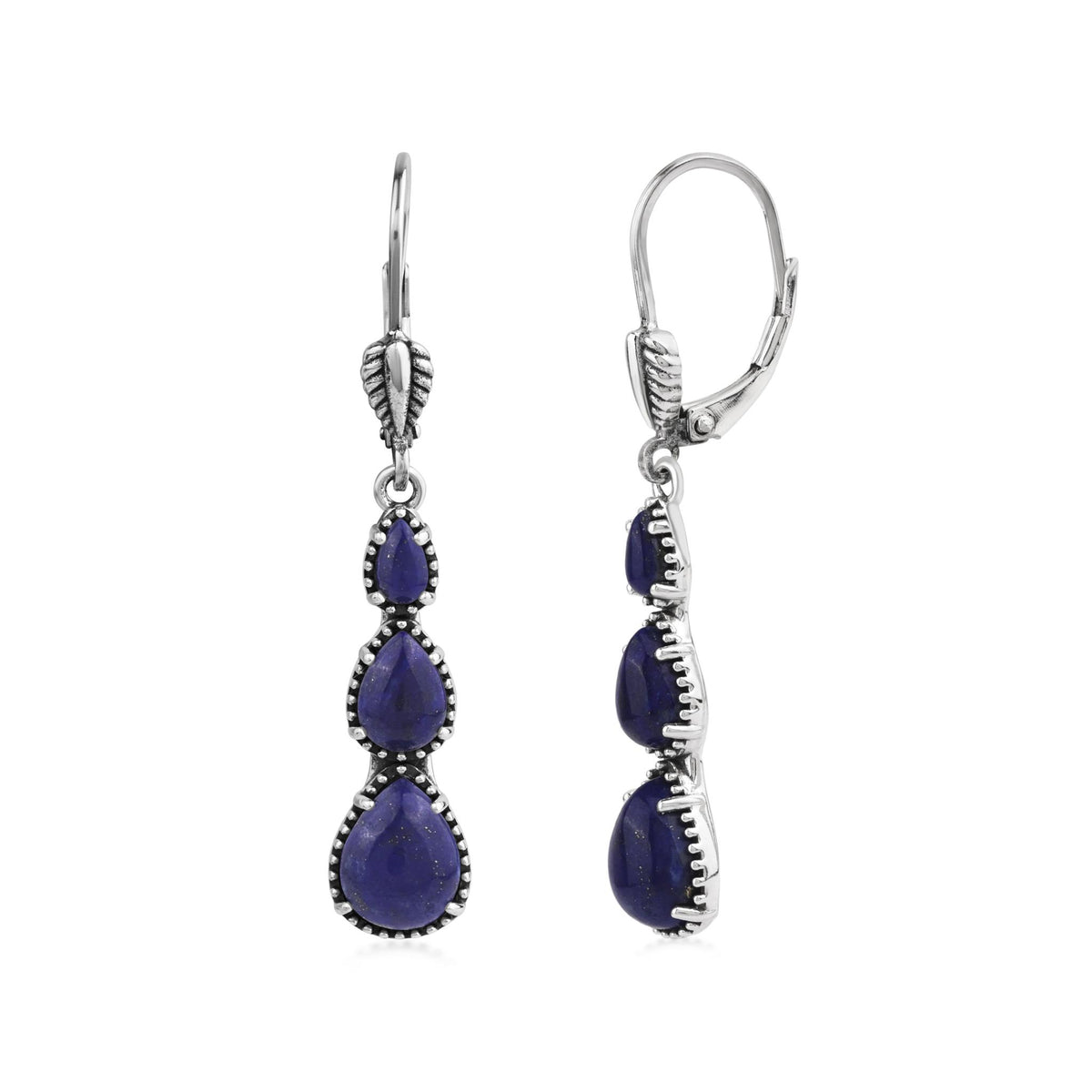 Sterling Silver Lapis 3-Pear Drop Lever Back Earrings