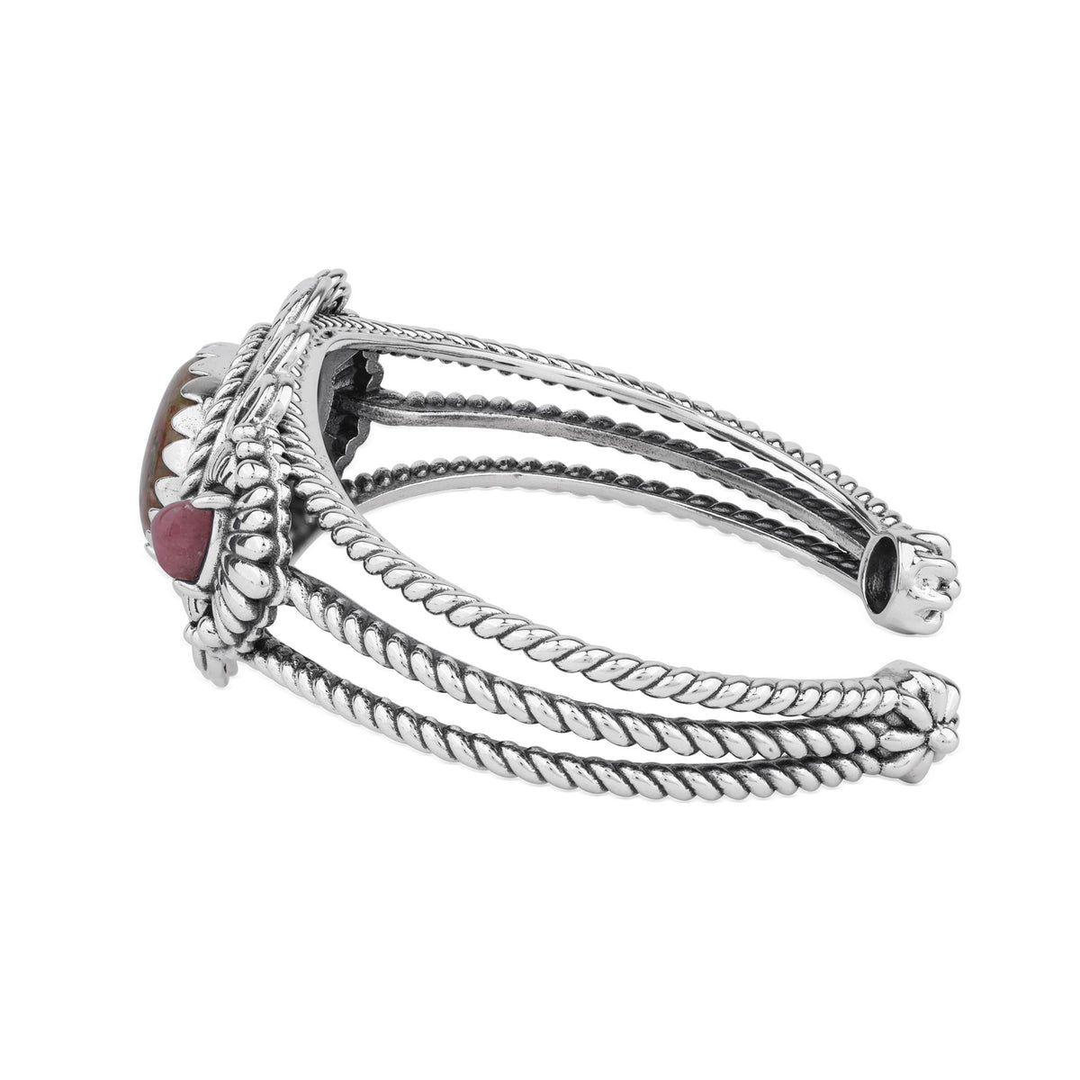 Sterling Silver Unakite and Rhodonite Oval and Trillion Gemstone Cuff, Sizes Small and Large