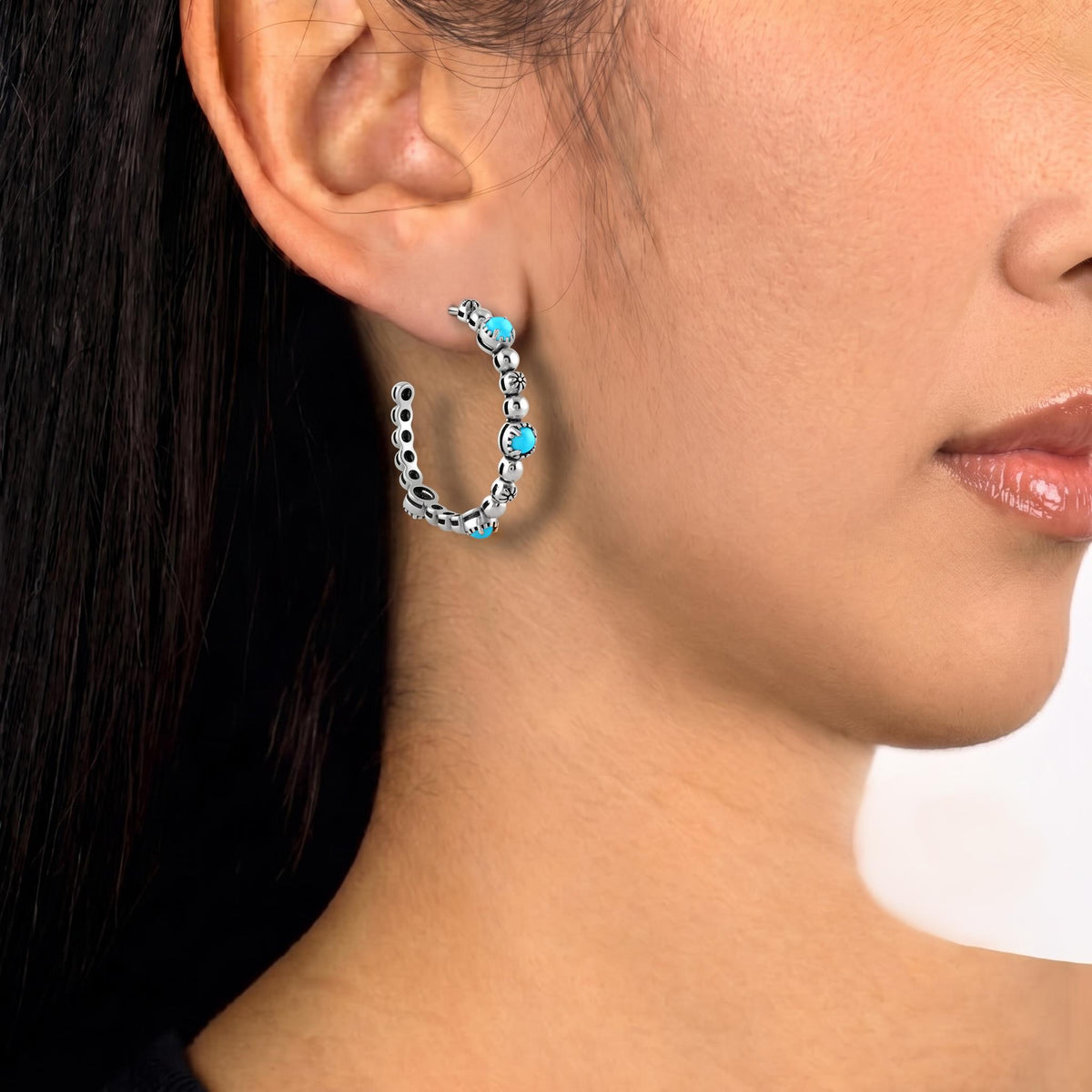 Sterling Silver Sleeping Beauty Turquoise Concha Crescent 1.5 Inch Hoop Earrings