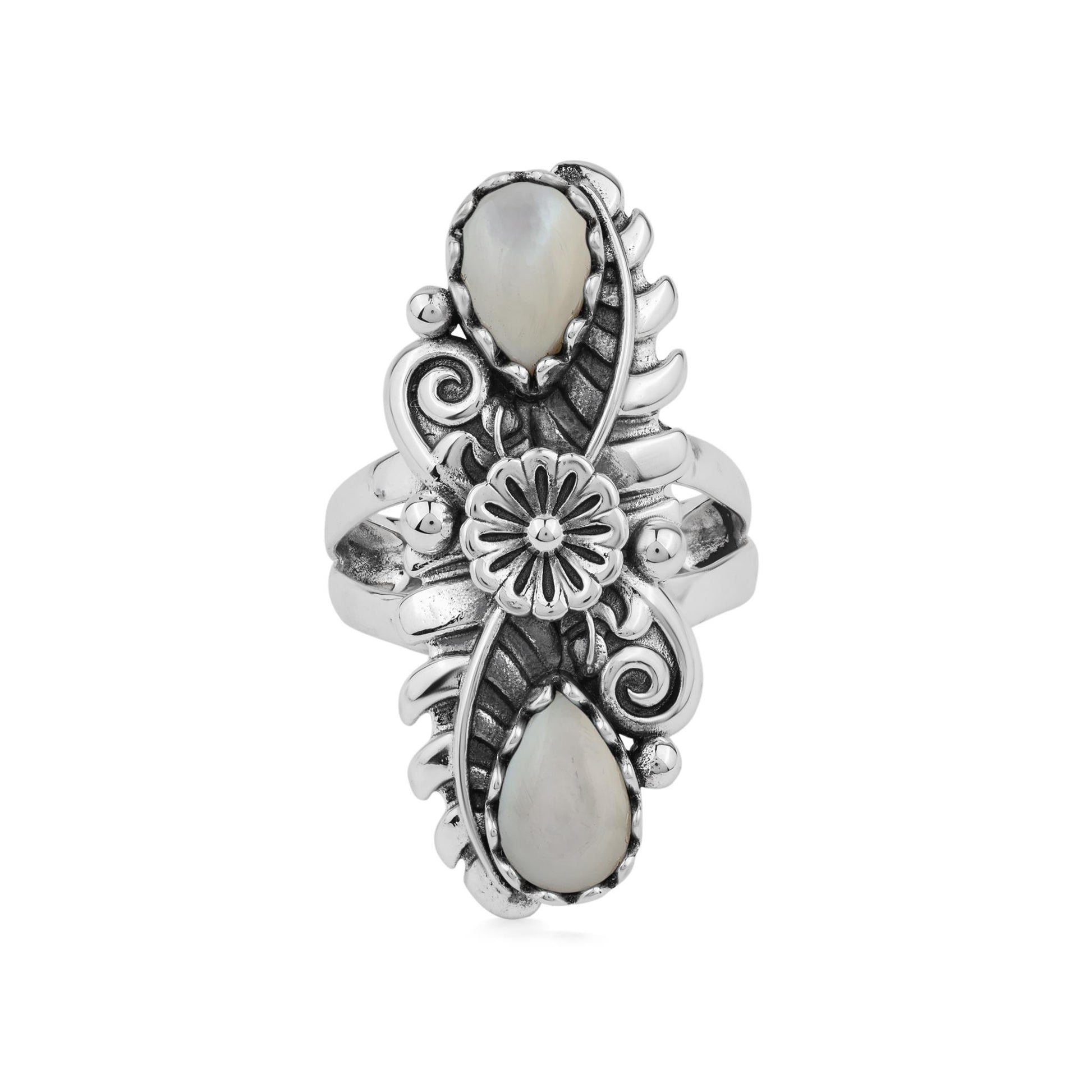  Sterling Silver White Mother of Pearl Pear-Cut Leaf and Flower Ring 