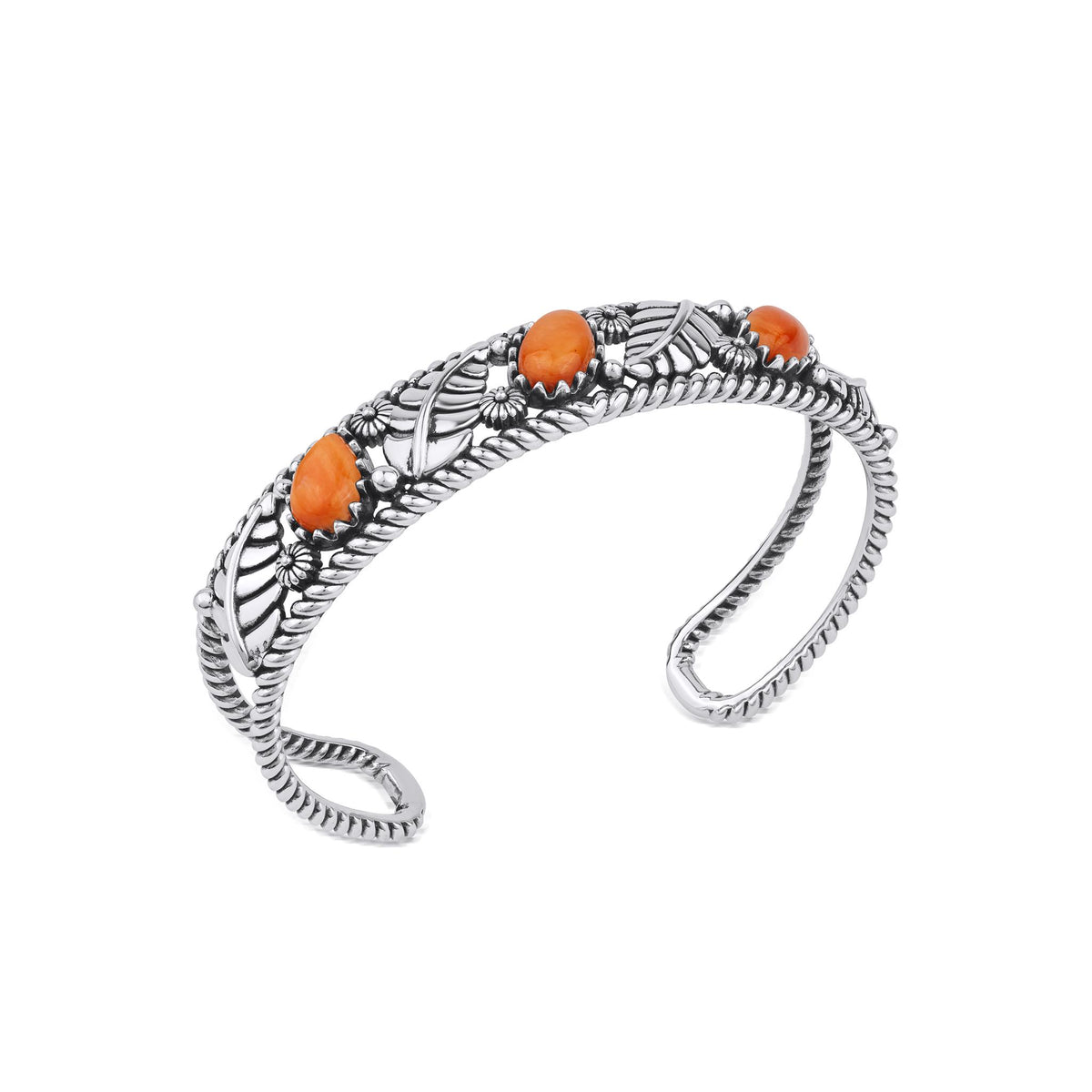 Sterling Silver Orange Spiny Oyster Oval and Pear Leaf Cuff Bracelet