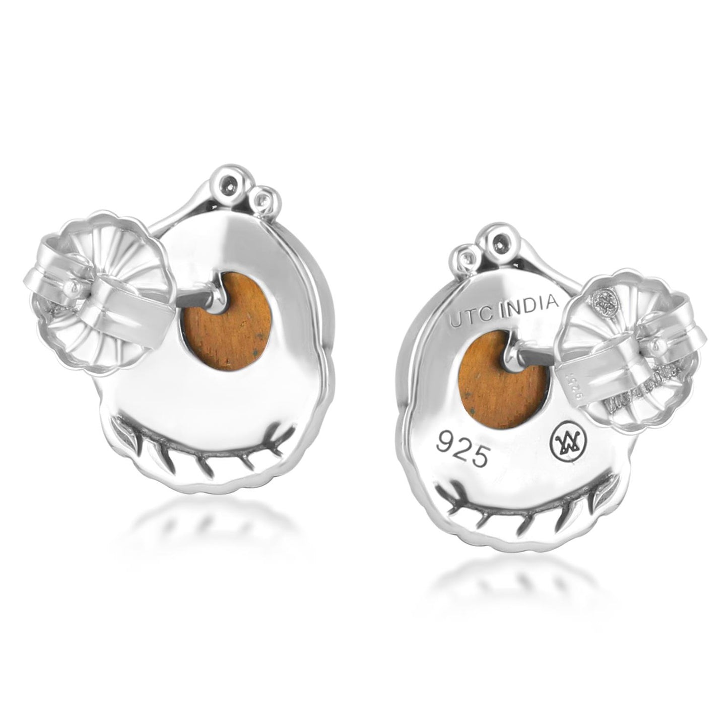 Sterling Silver Tiger's Eye Gemstone Leaf Design Button Earrings