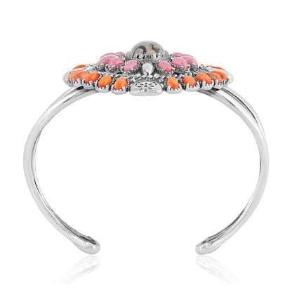 Sterling Silver Leopard Jasper, Orange Spiny Oyster and Rhodonite Oval Floral Cluster Cuff Bracelet