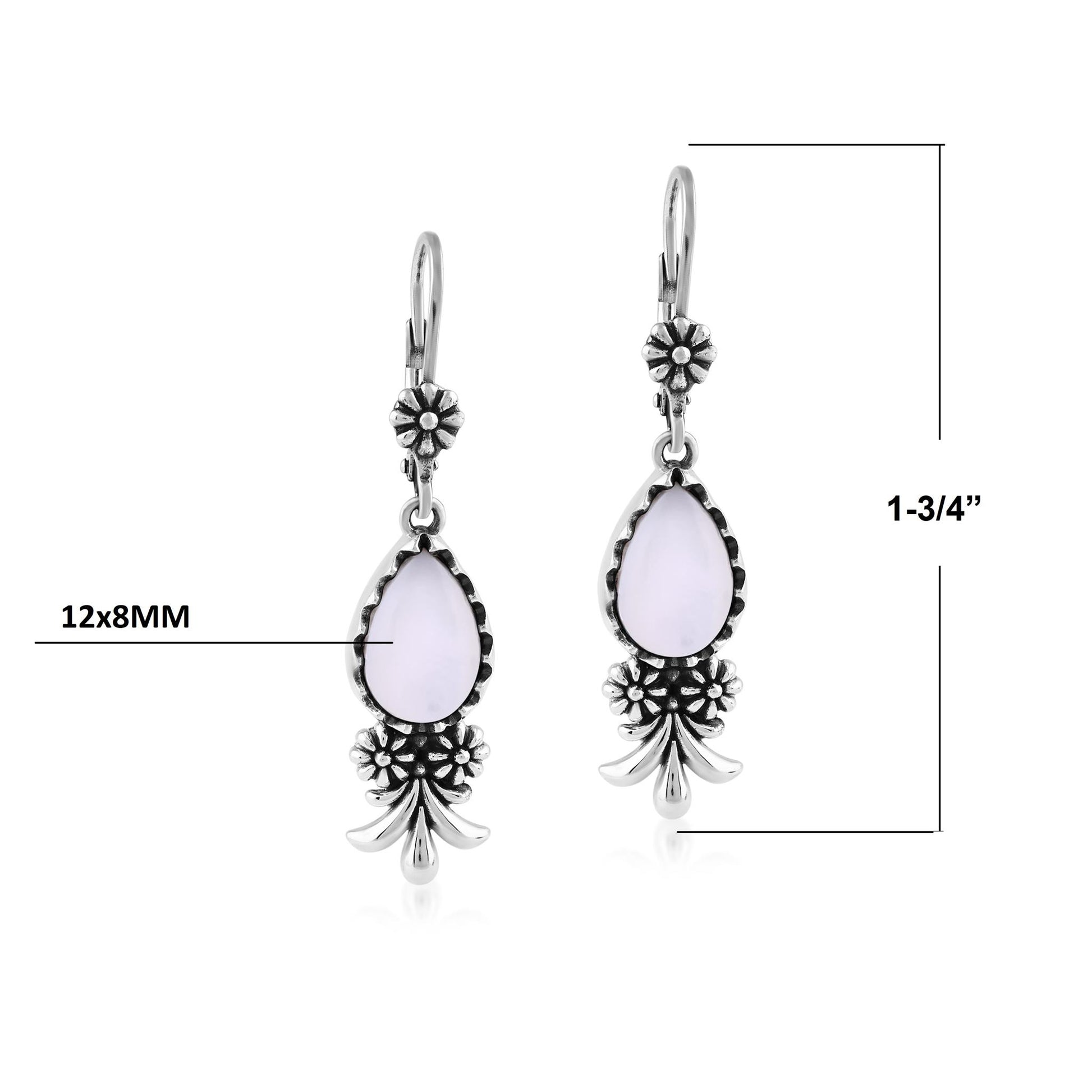  Sterling Silver White Mother of Pearl Teardrop Concha Squash Blossom Dangle Earrings