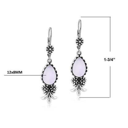  Sterling Silver White Mother of Pearl Teardrop Concha Squash Blossom Dangle Earrings