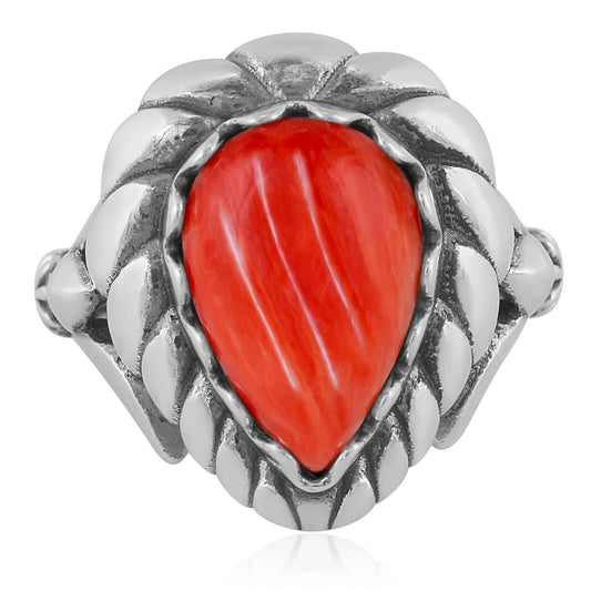 Sterling Silver Red Spiny Oyster Pear Cut Rope Ring