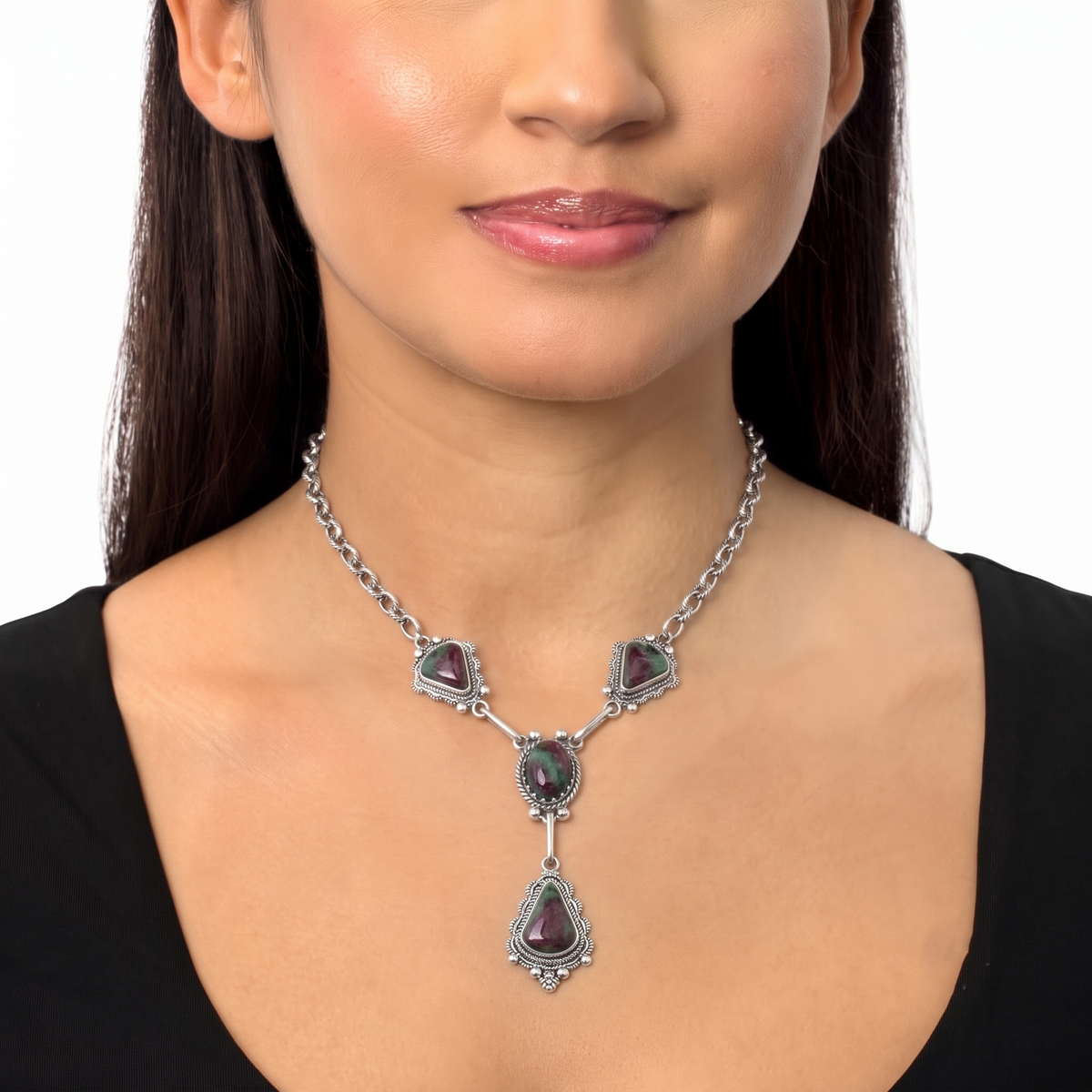 Sterling Silver Ruby Zoisite Four Gemstone Y-Necklace
