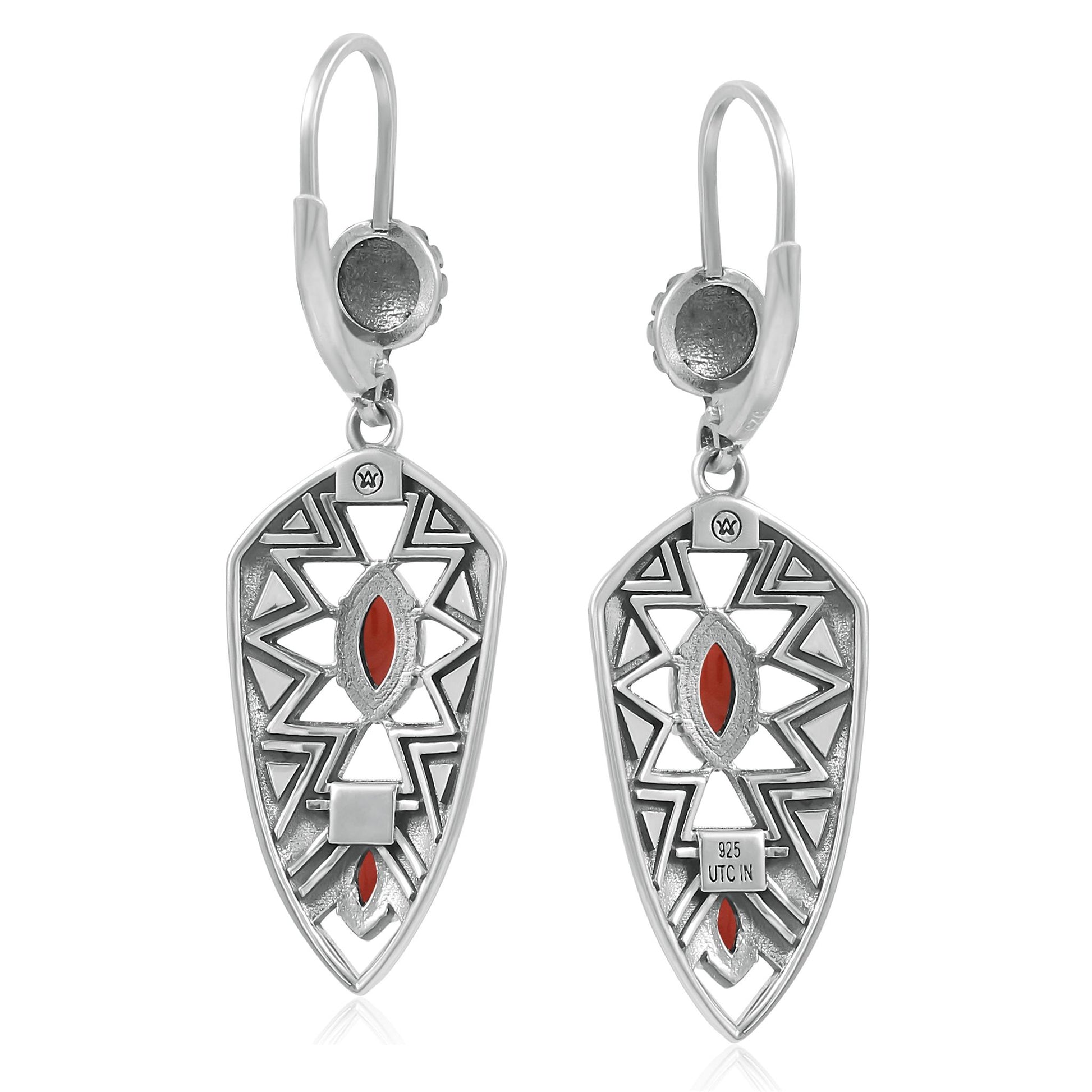 Sterling Silver Marquise Red Jasper Patterned Lever Back Earrings 